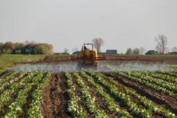 Ein landwirtschaftliches Feld, das mit einer Feldspritze bearbeitet wird. Die Aufnahme zeigt die industrielle Nutzung von chemischen Düngemitteln, wie sie seit Beginn des 20. Jahrhunderts in der Landwirtschaft verbreitet sind.